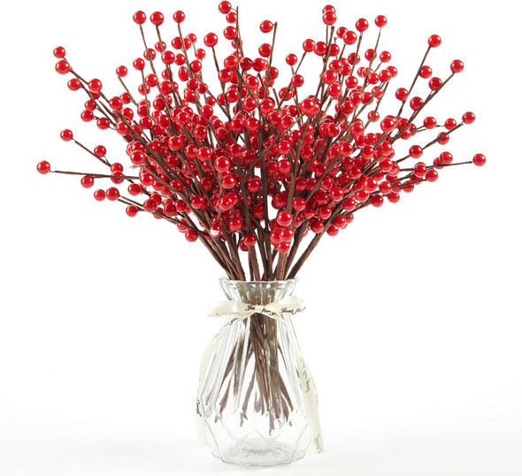 joyhalo 24Pack Red Berry Stems- Extra Long Red Berries for Christmas Tree, Artificial Xmas Berry Picks for Christmas Tree Ornaments Crafts Holiday Home Decor, 12.6inches