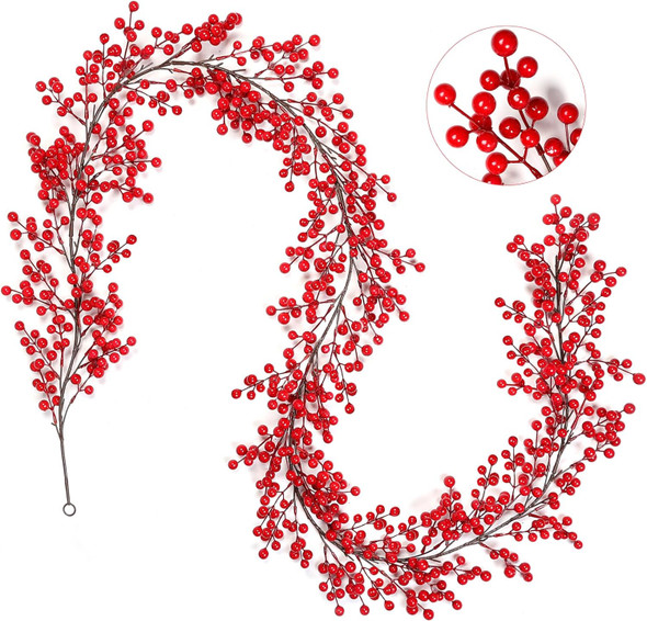 Joyhalo Red Berry Garland - 8.9 FT Christmas Holly Berry Vine for Christmas Tree, Winter Berry Garland for Mantle Xmas Tree Window Door Hanging Indoor Outdoor Holiday Decoration