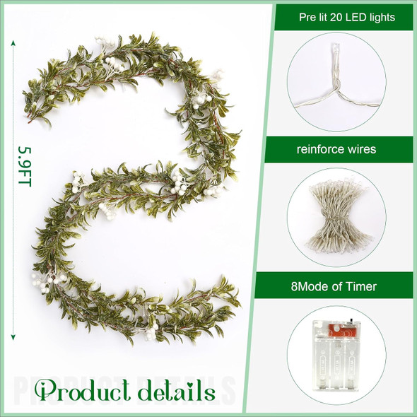 Joyhalo Christmas Garland with Lights Battery Operated - 5.9ft 20 LED White Berry Lighted Christmas Garland, Christmas Decorations Prelit Garland Indoor Outdoor Fireplace, Stair, Railing, Mantle Decor