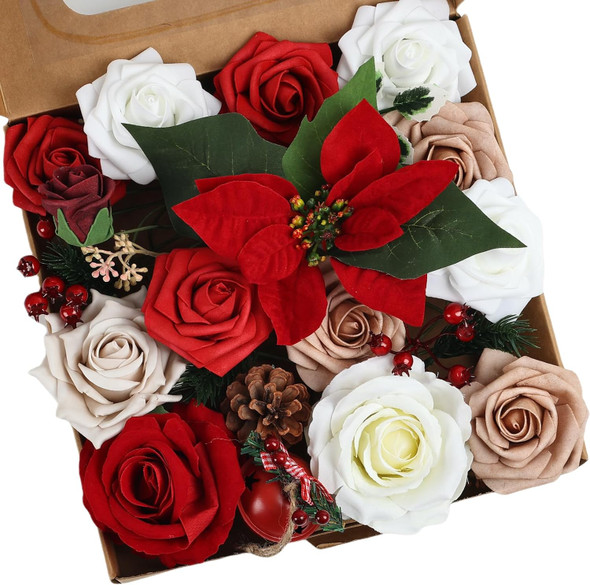 Christmas Flowers Artificial Flowers,Red Poinsettias White Rose and Greenery Deluxe Combo Set for DIY Tree Ornaments Xmas Wreath Floral Arrangements Centerpieces