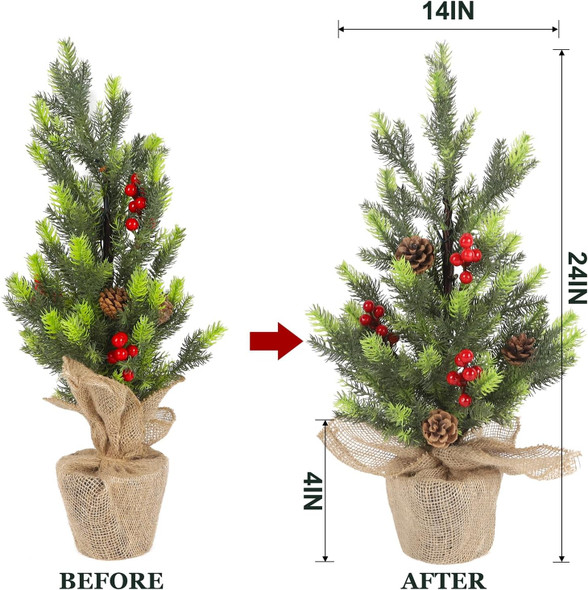 Juegoal 24Inch Pre-lit Christmas Pine Tree, with Warm White Fairy Lights Tabletop Artificial Tree, Small Light up Pine Tree with Burlap Base for Xmas, Spring Home Decorations