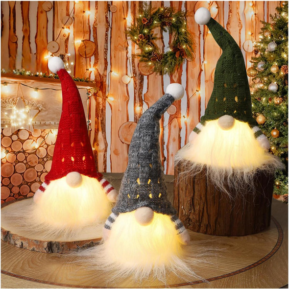 Juegoal Christmas Plush Gnomes, 9 Inch Lighted Handmade Mini gnome Scandinavian, Light Up Swedish Tomte Elf Holiday Present, Battery Operated Xmas s Table Ornaments Dinner Party Supplies, Set of 3