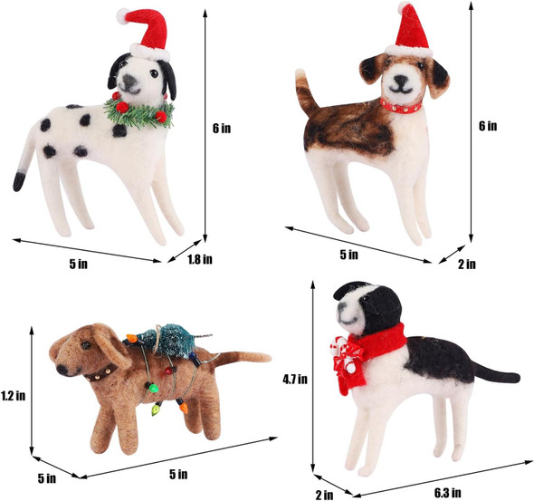 Juegoal Christmas Felt Dogs Ornaments Set of 4, Xmas Wool Puppy Hanging Decor, Felt Animal Crafts Woodland Cute Christmas Tree Wreath Decor for Home Party Supplies