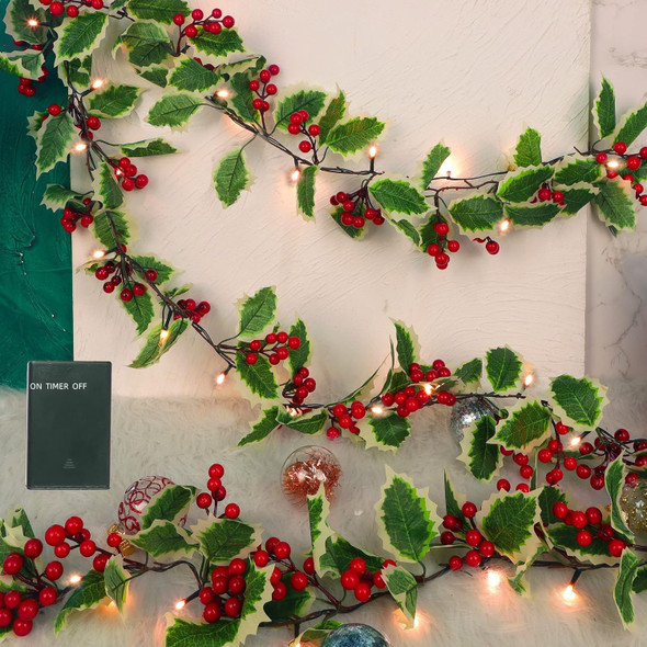 Juegoal Christmas Garland, 6.5FT Pre-lit Red Berries & Holly Leaves Garlands, Artificial Lighted Berry Garland Battery Operated with Timer, Indoor Outdoor Fireplace Gate Home Winter Year Decor