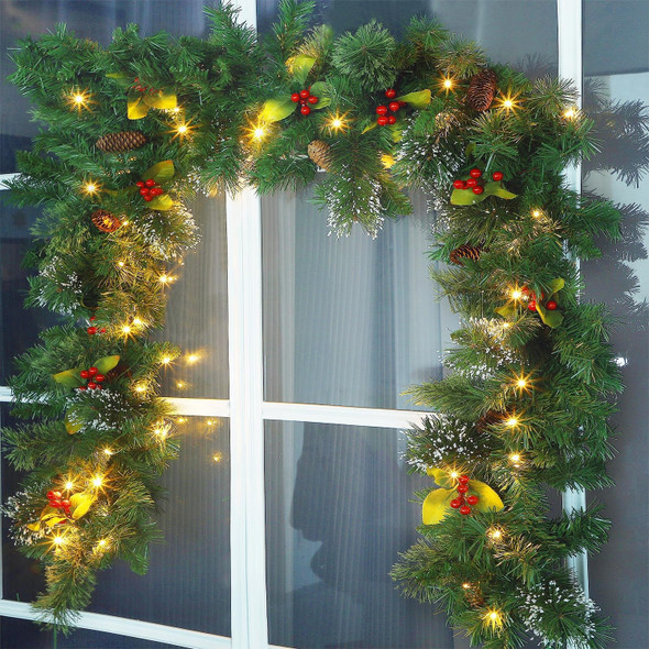 Juegoal 9ft Prelit Christmas Garland, Artificial Xmas Greenery Garland with 50 Warm White LED Lights, Battery Operated & Timer, Lighted for Indoor Outdoor Holiday Year Winter Garden Gate Home