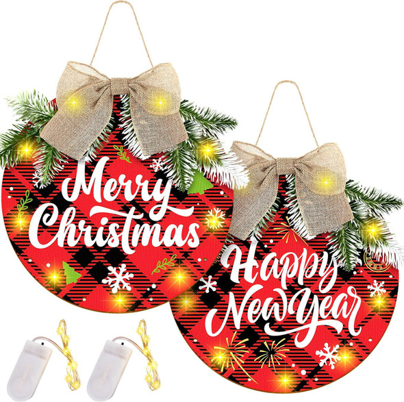 2 Sets Merry Christmas Wreaths Hanging Sign Wooden Buffalo Plaid Decorations, Welcome Wreath Sign for Front Door, Hanging Sign with Light for Farmhouse Porch and Kitchen Happy Years Decorations