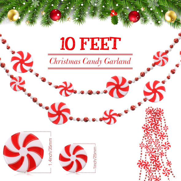 10 Feet Christmas Candy Garland Peppermint Candy Garland Christmas Decorations Fake Crystal Candy Decor Christmas Tree Garland for Xmas Home Christmas Home Decoration (Classic Style) (Red and White)