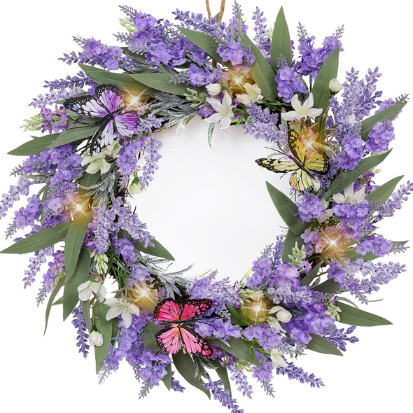 Jusdreen Artificial Lavender Wreath 19.7" with LED Lights, Artificial Spring Wreath Front Door Decor Flowers Wreath with Colorful Butterflies for Home Wedding Farmhouse Holiday