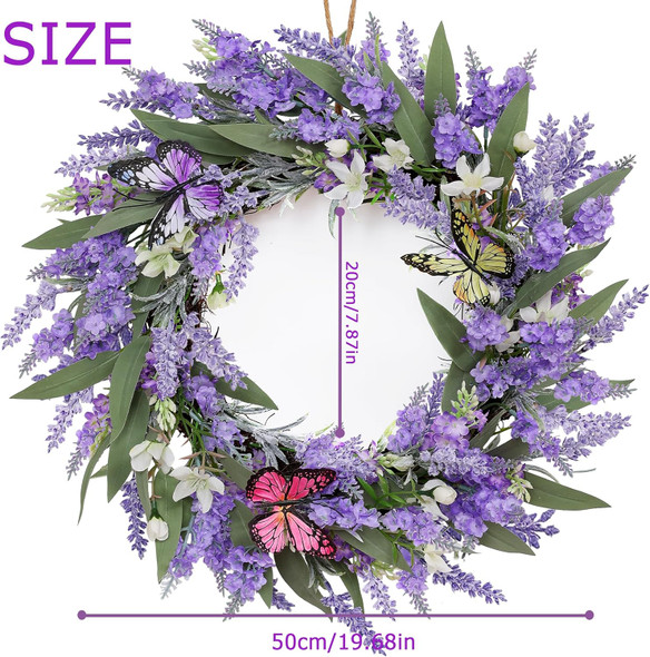Jusdreen Artificial Lavender Wreath 19.7" with LED Lights, Artificial Spring Wreath Front Door Decor Flowers Wreath with Colorful Butterflies for Home Wedding Farmhouse Holiday