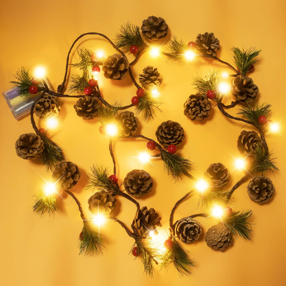 2 PCS Christmas Garland with Lights and Bigger Pine Cones, Led String Lights, Red Berries, Needle, Pine Cone, Xmas Wreath, Christmas Lights for Indoor Decorations, Fireplace, 6.6 FT, 20 Led