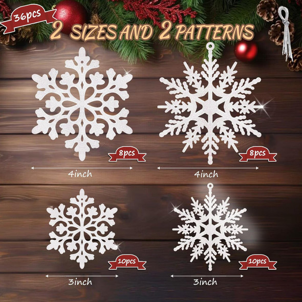 36Pcs White Glitter Snowflake Decorations Christmas Ornaments, Hanging Plastic Snow Flakes Ornaments with Silver Rope for Christmas Tree Decorations, Winter Wonderland Party Supplies