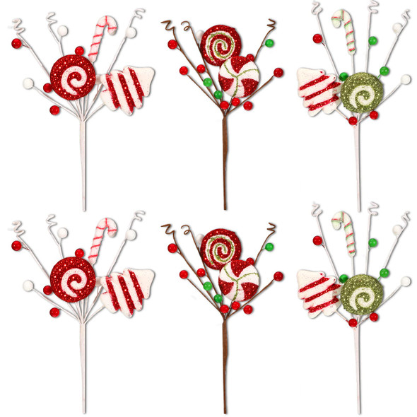 6 Pcs Christmas Tree Picks Candy Cane Decor Candy and Lollipop Pick Christmas Tree Decoration Red Green and White Stripes Christmas Ornaments for Xmas Tree Home Decorations Holiday