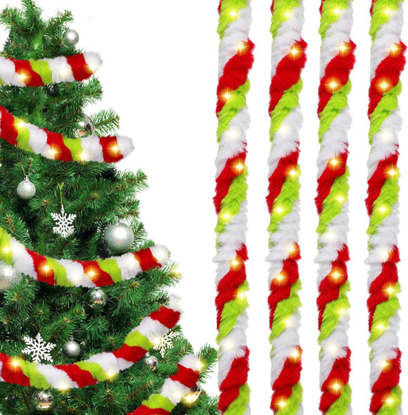 Jutom 50 Ft Christmas Tree Garland Lime Green LED Lighted Faux Fur Ribbon Trim Artificial Furry Stripe Roll Garland for Xmas Holiday Winter Indoor and Outdoor Decoration(Red Green White)