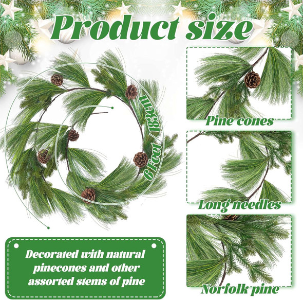Jutom Long Needle Pine Garland 6 ft Realistic Norfolk Pine Garland with Pinecone Christmas Artificial Evergreen Cedar Pine Garland for Xmas Mantle Table Stairs Indoor Outdoor Door Decor