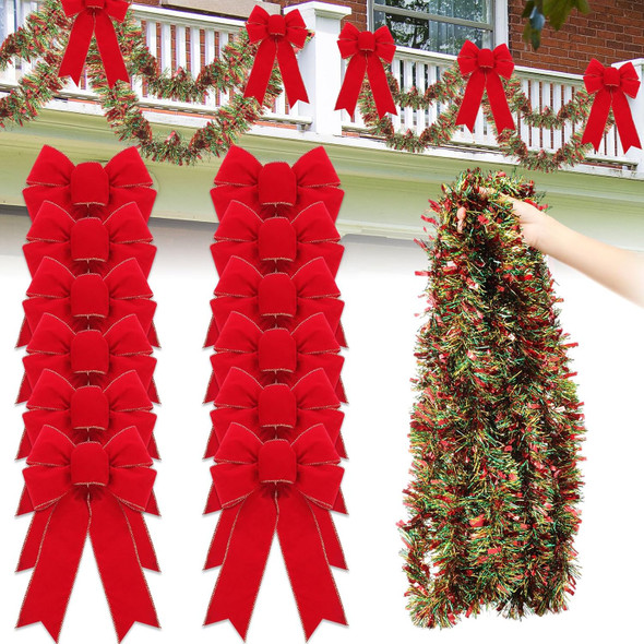Jutom 30 ft Christmas Tinsel Garland with 12 Pcs 12 Inch Christmas Velvet Bows Hanging Garland for Home and Party Decoration for Christmas Trees, Walls, Hedges, Stair Handrail, Doorways, Windows