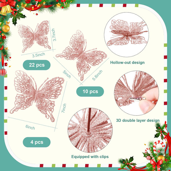Jutom 36 Pcs Christmas Tree Butterfly Decorations 3 Sizes 3D Glitter Hollow Butterfly Ornaments Hanging Butterfly Wall Decor with Clips and Stems for Christmas Tree Wreaths Decor (Rose Gold)