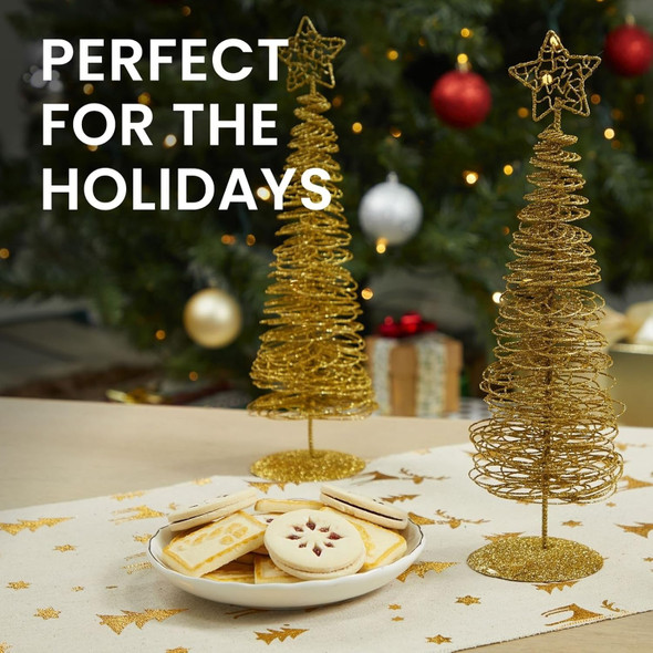 2 Pack Small Gold Christmas Tree Decorations for Table Top Holiday Decor (3 x 10.5 Inches)