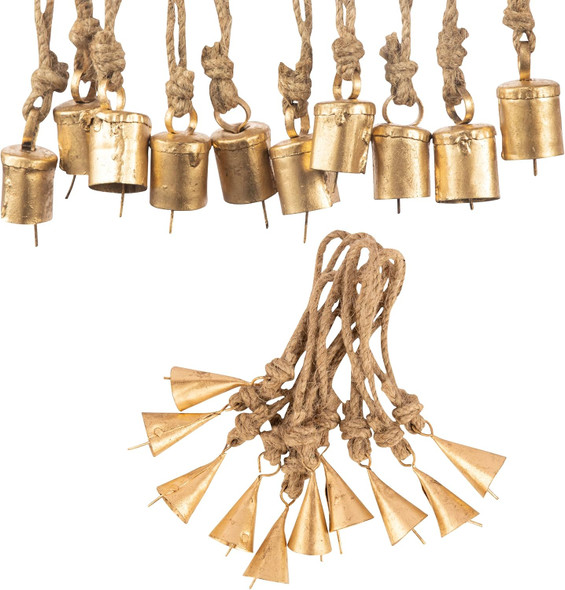 20 Pc Vintage Rustic Metal Cow Bells Christmas Decor Bells - Antique Handmade 4cm Bells, Gold Bells, Witch Bells - Unique Old Look Xmas Bells for Decoration