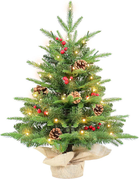 Kadunmina 2ft Prelit Table Top Christmas Tree,Mini Artificial Christmas Tree with 50 Lights&177 Tips&5 Berries&5 Pinecones,Small Tabletop Xmas Tree with Burlap Base for Christmas Table Decor,8 Modes