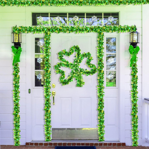 Kajaia 65.6 Feet Valentine's Day St. Patrick's Day Tinsel Garland with Lights Valentine Love Tinsel Garland Green and Gold Shamrock Garland for Party Home Indoor Outdoor(Green)