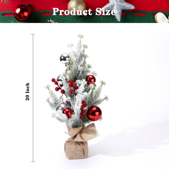 20 Inch Tabletop Christmas Mini Tree, Artificial Snow Flocked Small Christmas Pine Tree with Silver Red Christmas Balls Burlap Base for Home Table Desk Dining Bedroom Christmas Party Decorations