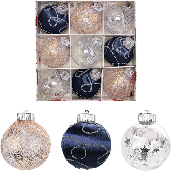 3.14 Inch Navy Blue and Clear Silk Christmas Ball Ornaments, 9 Pcs Satin Christmas Tree Hanging Ornaments Wreath Garland Decor Xmas Balls for Home, Holiday, Wedding, Xmas Hanging Decorations