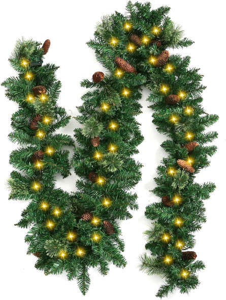 Christmas Garland by KALOR - 9 feet Pine Garland with 50 Battery Operated Lights - Christmas Décor with Pine Cone for Indoor Home Holiday Xmas Decorations