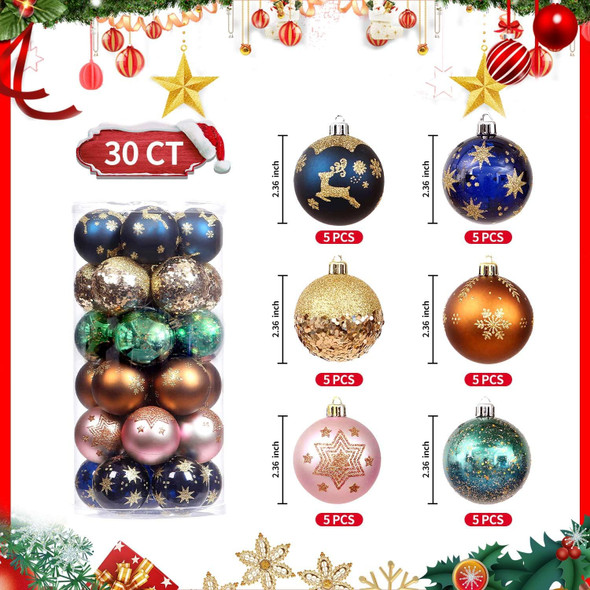 2.36"/60mm Christmas Balls Ornaments Set, 30 Pcs Christmas Tree Decorations Balls Shatterproof Hanging Christmas Ornaments for Xmas Trees Decor Christmas Holiday Party(Navy Blue,Gold, Pink, Green
