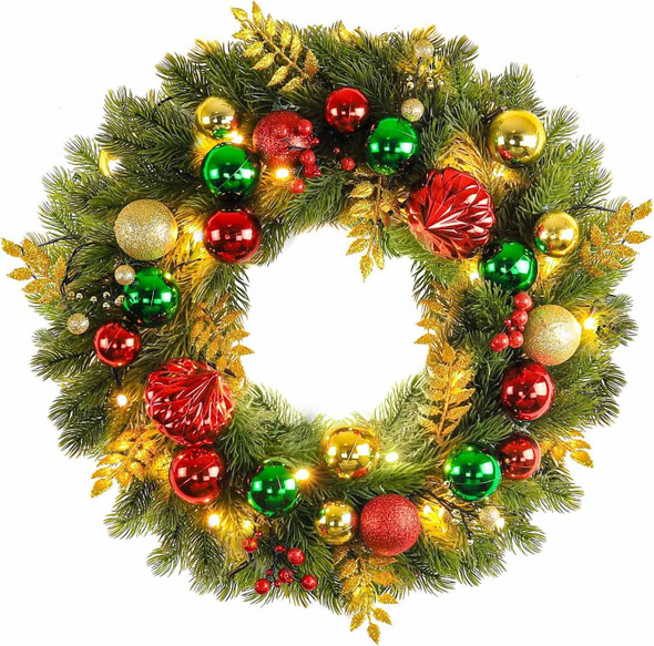 18 Inch Pre-Lit Artificial Christmas Wreath with 40 Lights, Red and Green Christmas Ball for Front Door Indoor Outdoor Farmhouse Festival Home Décor