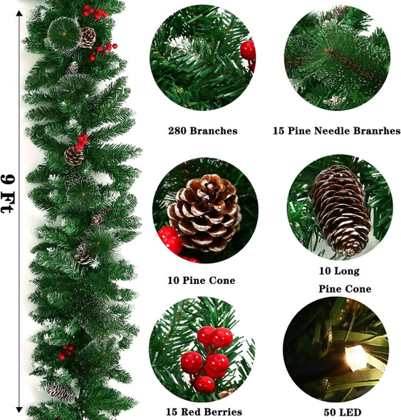 9 Feet Christmas Lighted Garland with 50 Lights, Battery Operated Artificial Snowy Garland Plants with Pine Cone Red Berry Garlands for Indoor Outdoor Home Fireplace Staircase Christmas Decorations