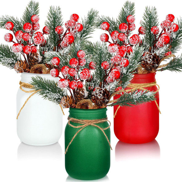 13 Pcs Christmas Mason Jar Table Centerpiece Artificial Red Berry Arrangement with Faux Pine Koob Ceg and Christmas Beaded Garland for Christmas Winter Tiered Tray Table Decor