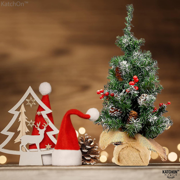 KatchOn, Burlap Base Mini Christmas Tree - 16 Inch Small Christmas Tree Artificial for Christmas Tabletop Decorations Christmas Pine Tree with Red Berries, Pine Cone for Christmas Decorations