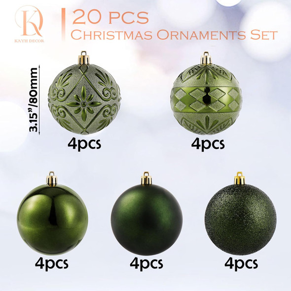 20ct Dark Green Christmas Ball Ornaments Shatterproof Plastic Christmas Tree Decorations for Xmas Party Home Office Holiday Decor -Large Size (3.15", 80mm)