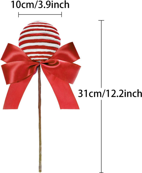 Large Lollipop Candy Picks Set of 4 Striped Peppermint Sprays Christmas Tree Stems Decorations Sticks with Ribbon Bows Xmas Tree Topper Home Vase Filler Wreath DIY Crafts Party Supplies (Red White)