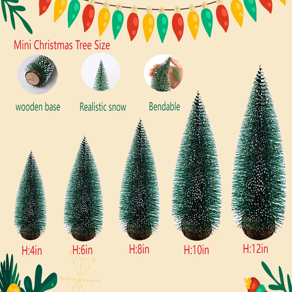 5pcs Mini Christmas Tree, Wooden Base Small Bottle Brush Christmas Tree, Christmas Village Small Christmas Tree, Suitable for Desktop Christmas Decoration, Holiday Party Decoration Crafts