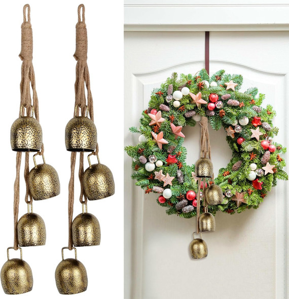 Decorative Bells(2-Piece Set), Tibetan Inspired Meditation Bell, Christmas Decorative Bells with 4 Bells on Jute Hanging Rope, 3" x 2" x 17"