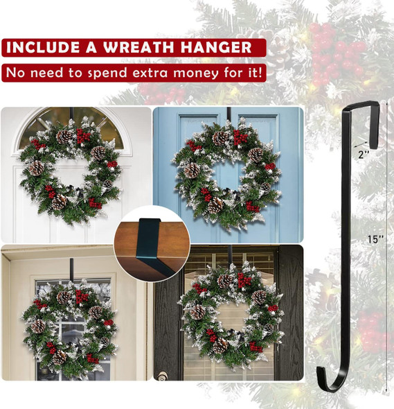 Christmas Wreath,Flocked with Mixed Decorations and 50 LED Light,Christmas Wreaths for Front Door Indoor Window Wall Décor, Outdoor Christmas Decorations(18 inch Battery Not Included)