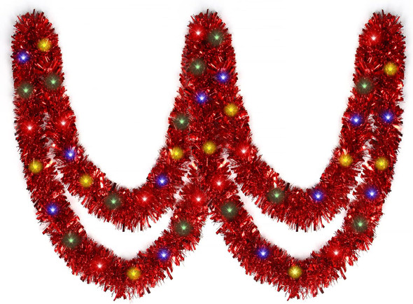 KIMOBER 32.8 Ft Christmas Prelit Tinsel Garland, Red Metallic Garland with 100 LED Lights for Christmas Tree Decorations,Wedding Party Supplies