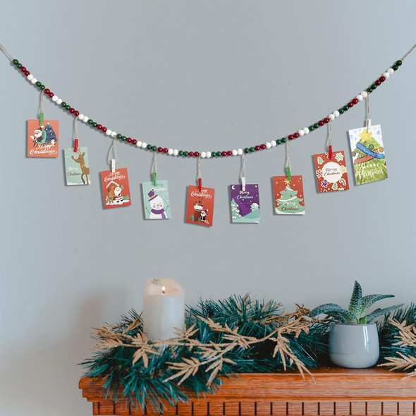 Christmas Hanging Photo Display With 9 Clips, Wooden Bead Garland, Boho Style Collage Photo Frame Decoration for Dorms, Classrooms, Bedrooms