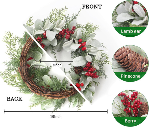 19'' Christmas Wreaths for Front Door, Aesthete Lambs Ear Wreath with Red Berries Pinecone Decor for Indoor Outdoor Christmas Year