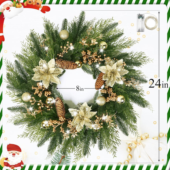 24” Christmas Wreaths for Front Door, Christmas Wreath with Lights Gold Flower Berry Leaves Ball, Glittering Wreath Decor Home Christmas Year
