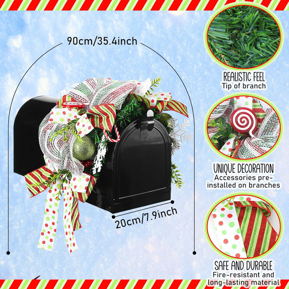 35 Inches Christmas Mailbox Swag Artificial Candy Green Red Dot Christmas Swag Wreath with Pine Needles Pinecones Berries and Bow Front Door Hanging Decoration for Xmas Fireplace