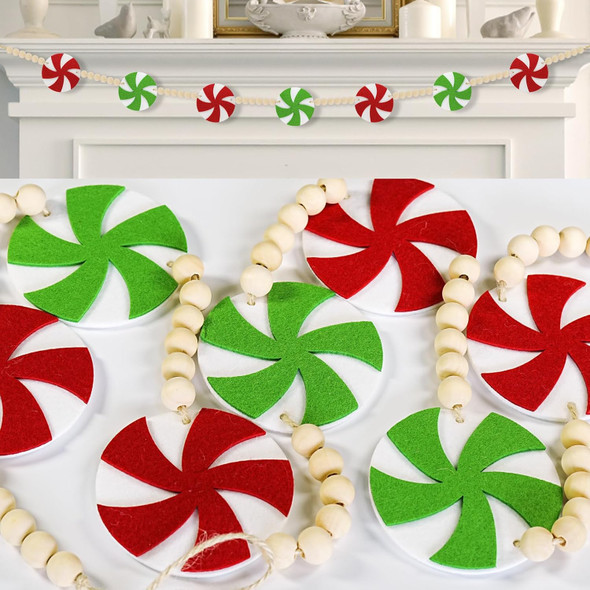 Green Christmas Garland Decorations, Red & Green Peppermint Felt Wood Beads Garland - Green Themed Christmas Felt Garland for Mantle, Tree, or Wall Decor - Christmas Garland Home Decorations
