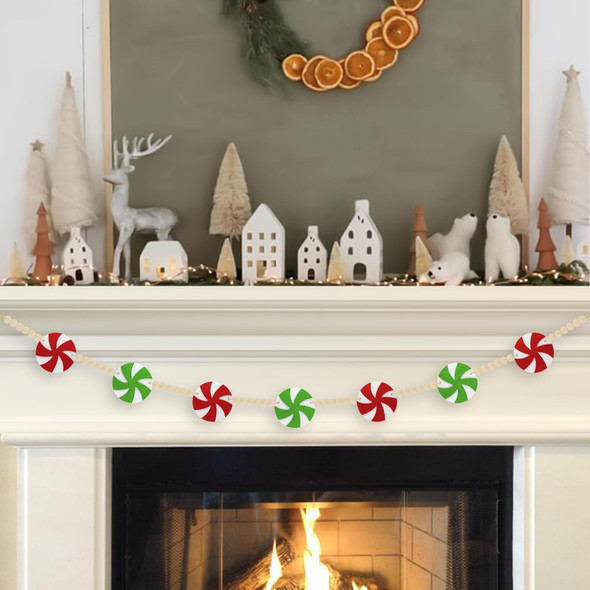Green Christmas Garland Decorations, Red & Green Peppermint Felt Wood Beads Garland - Green Themed Christmas Felt Garland for Mantle, Tree, or Wall Decor - Christmas Garland Home Decorations