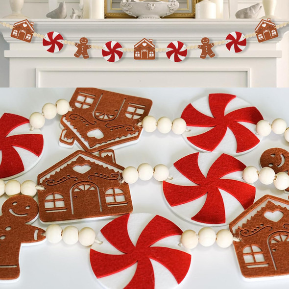 6Ft Christmas Garland Decorations - Felt Jinglebread Man & House with Wood Beads - Christmas Banner Decor for Mantle, Wall, Tree - Perfect for Indoor Christmas Decorations & Party Supply