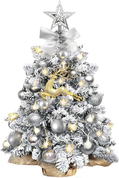 Mini Christmas Tree-with Lights,2ft Pre Lit Artificial Small Christmas Tree Snow Flocked Christmas Tree with 24pcs DIY Decorations Tabletop Christmas