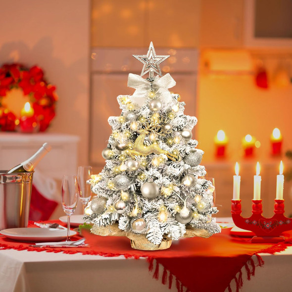 Mini Christmas Tree-with Lights,2ft Pre Lit Artificial Small Christmas Tree Snow Flocked Christmas Tree with 24pcs DIY Decorations Tabletop Christmas