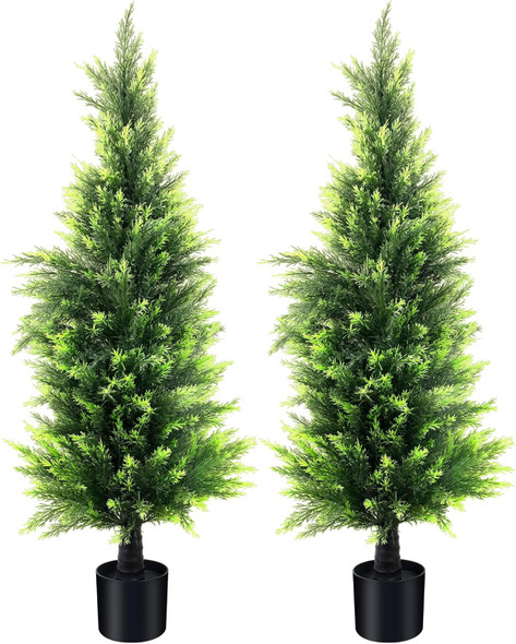 KOL 4FT 2-Pack Artificial Cedar Topiary Trees UV Resistant Potted Shrubs Fake Plants, Faux Pine Tree Plant for Home Office Garden Front Porch Patio Indoor Outdoor Party Wedding Christmas Decor