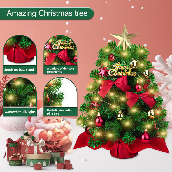 Mini Christmas Tree with Lights, Small Prelit Tabletop Christmas Tree 20”, Miniature Pine Artificial Xmas Tree with Ball Star Bowknot Ornaments for Holiday Season Desk Decoration Centerpiece