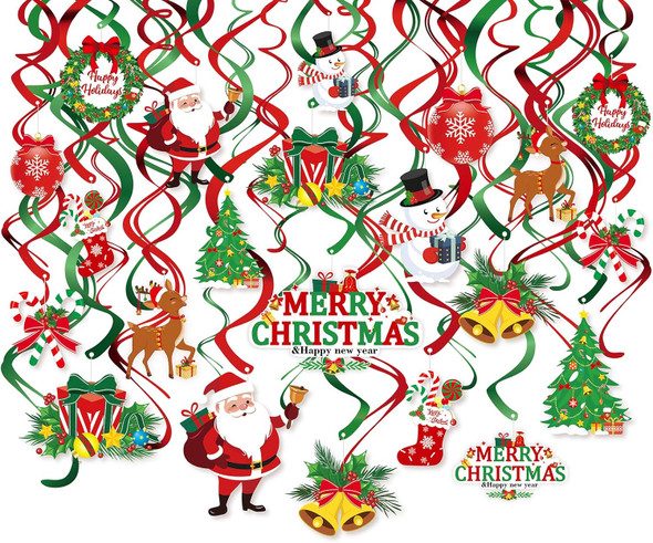 40pcs Christmas Swirls Decoration, Konsait Red Green Party Merry Christmas Hanging Swirls Garland Foil Ceiling Ornaments,Xmas Holiday Party Decor Supplies,Snowman Christmas Tree, Already Assembled